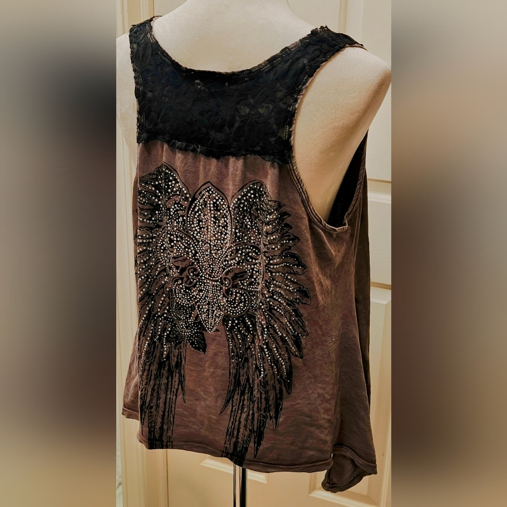 Y2K Vocal Grunge Rhinestone Fleur de lis & Angel Wings w Lace Detail Tank Top - Picture 7 of 14